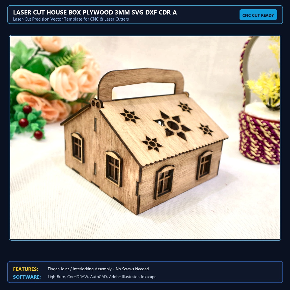 Laser Cut House Box Plywood 3mm SVG DXF CDR AI PDF Free Download View 4