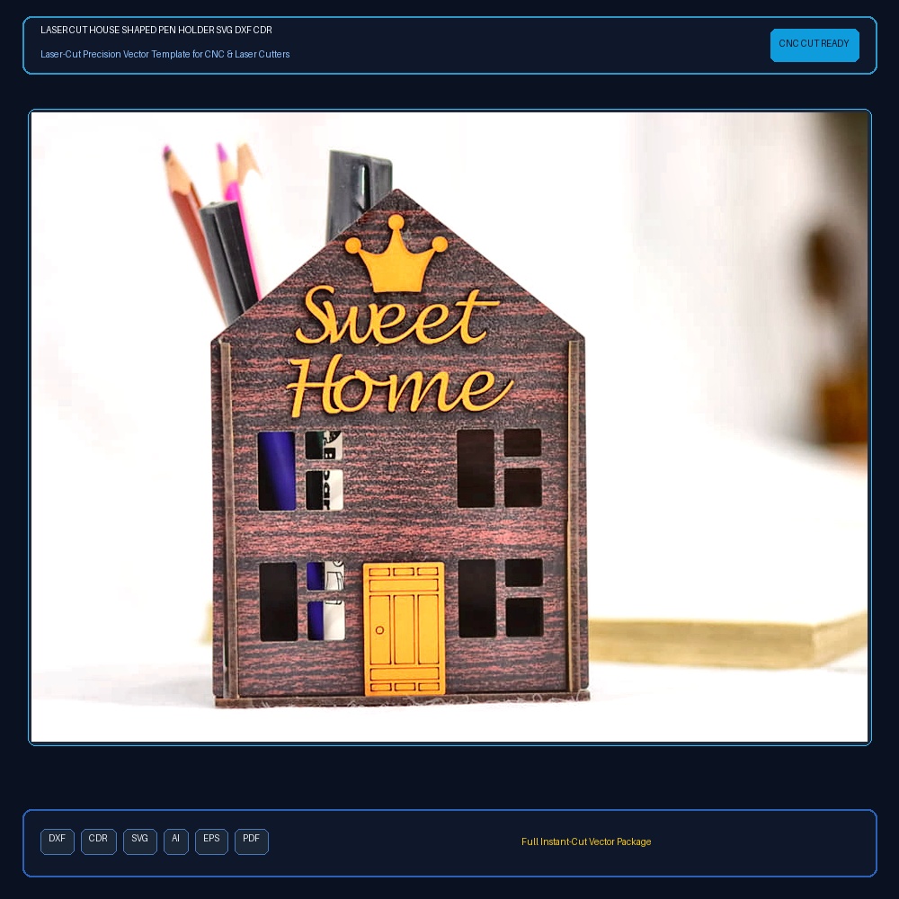 Laser Cut House Shaped Pen Holder SVG DXF CDR AI PDF Free Download