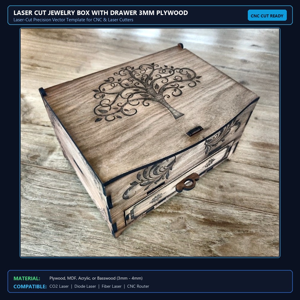 Laser Cut Jewelry Box With Drawer 3mm Plywood SVG File Free Download View 2