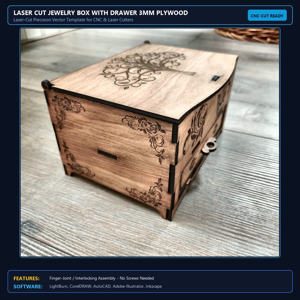 Laser Cut Jewelry Box With Drawer 3mm Plywood SVG File Free Download View 3