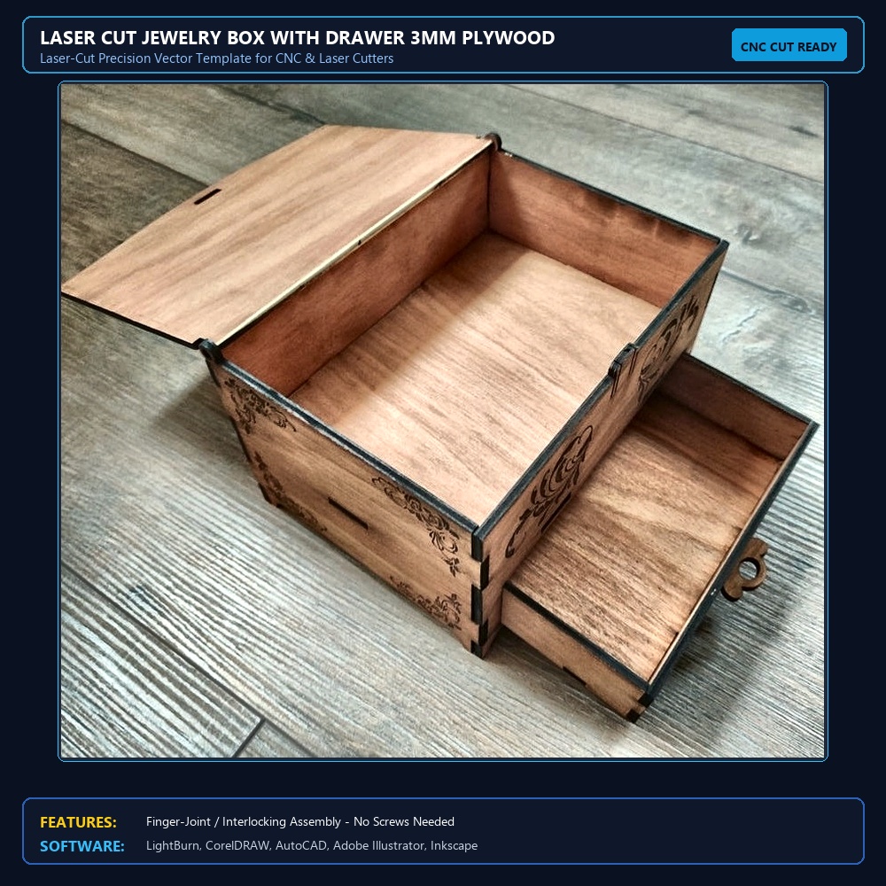 Laser Cut Jewelry Box With Drawer 3mm Plywood SVG File Free Download View 4