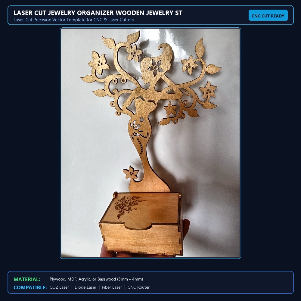 Laser Cut Jewelry Organizer Wooden Jewelry Storage Box With Jewelry Tree Stand View 2