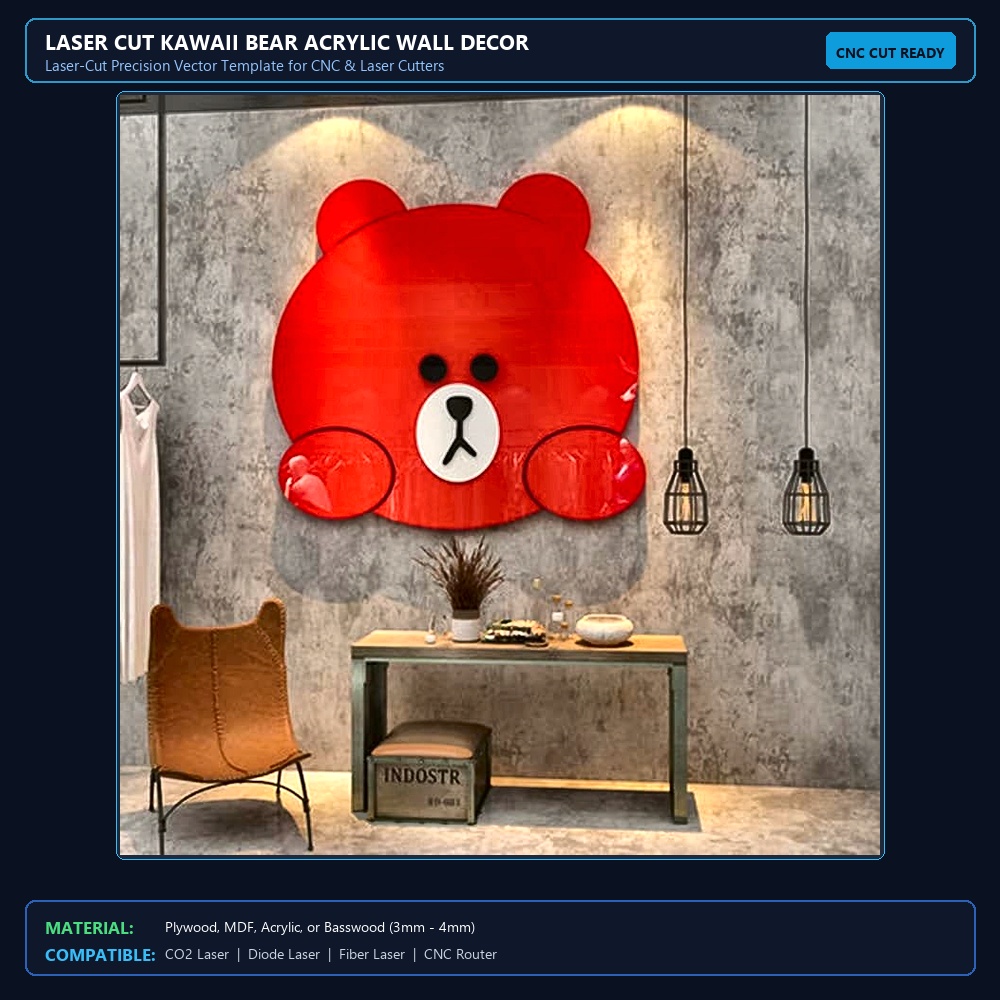 Laser Cut Kawaii Bear Acrylic Wall Decor View 2