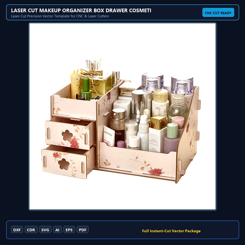 Laser Cut Makeup Organizer Box Drawer Cosmetics Storage