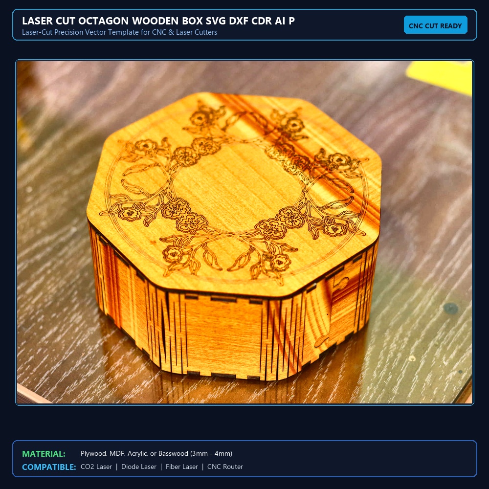 Laser Cut Octagon Wooden Box SVG DXF CDR AI PDF Free Download View 2