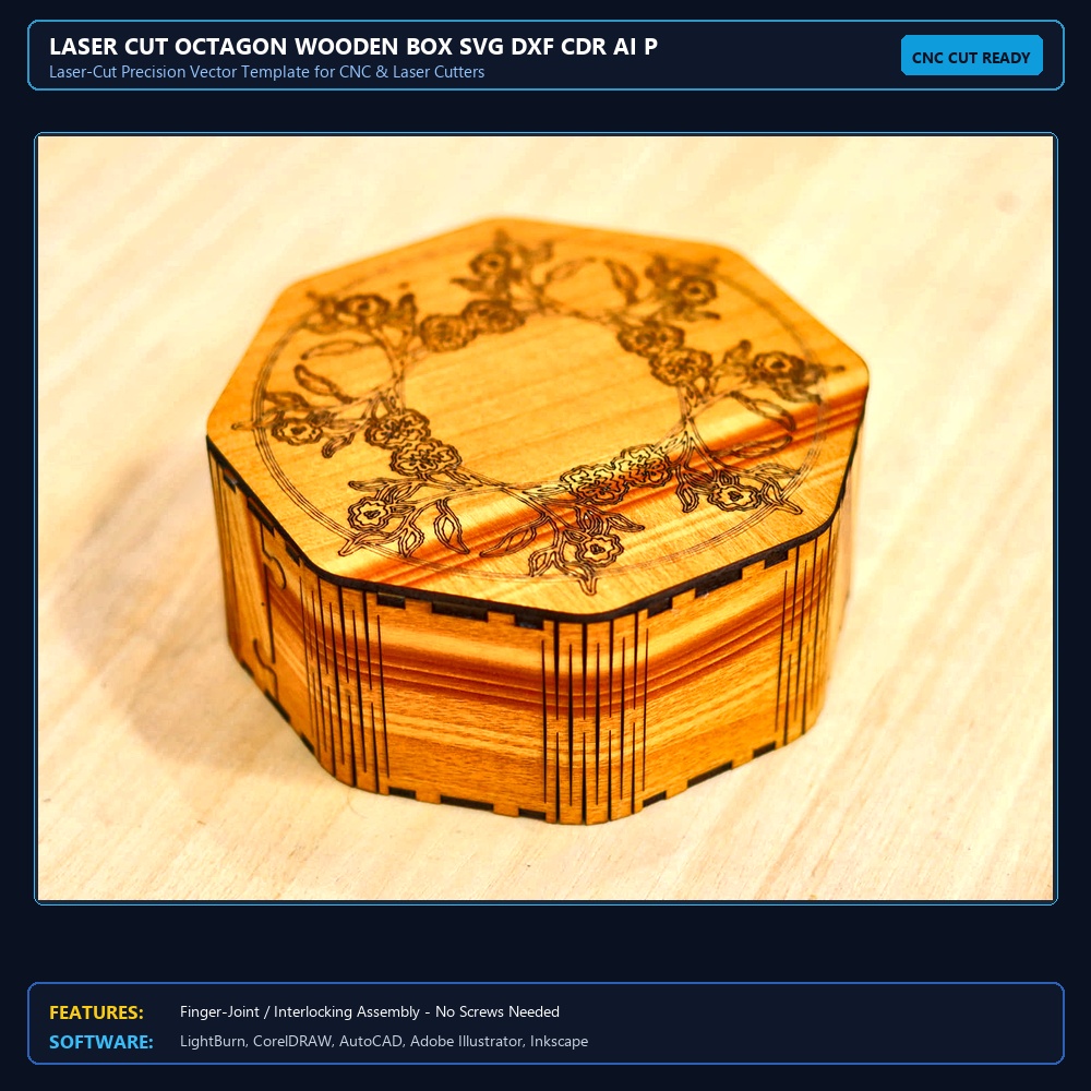 Laser Cut Octagon Wooden Box SVG DXF CDR AI PDF Free Download View 3