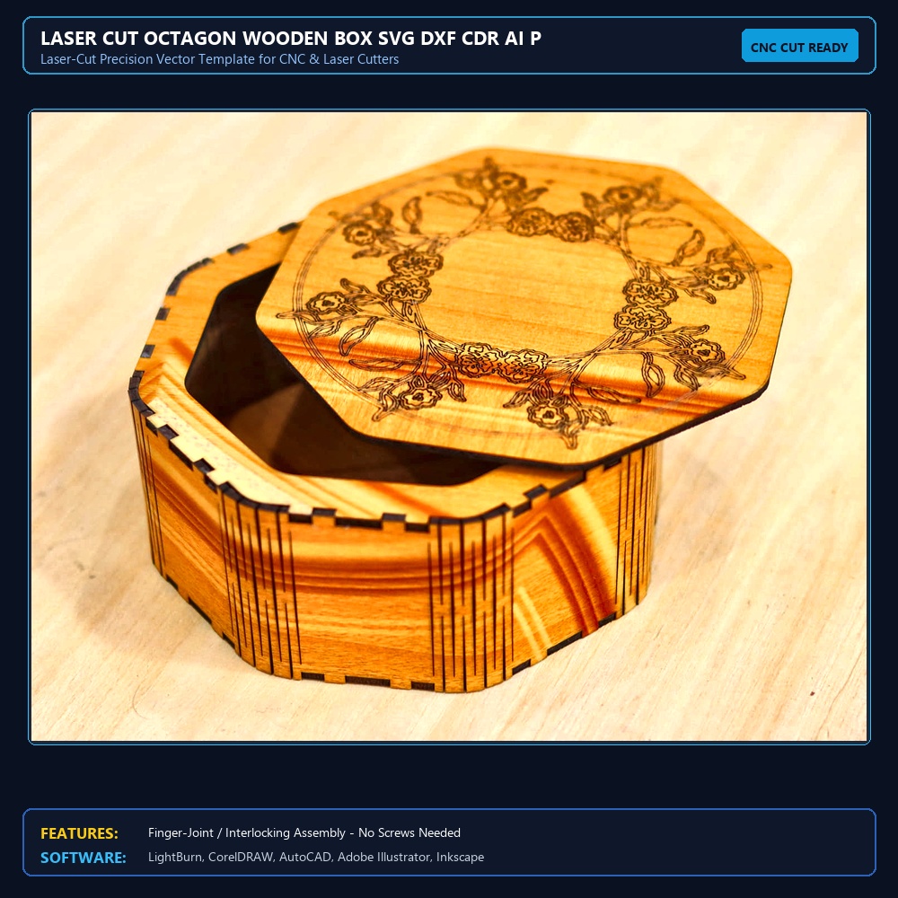 Laser Cut Octagon Wooden Box SVG DXF CDR AI PDF Free Download View 4