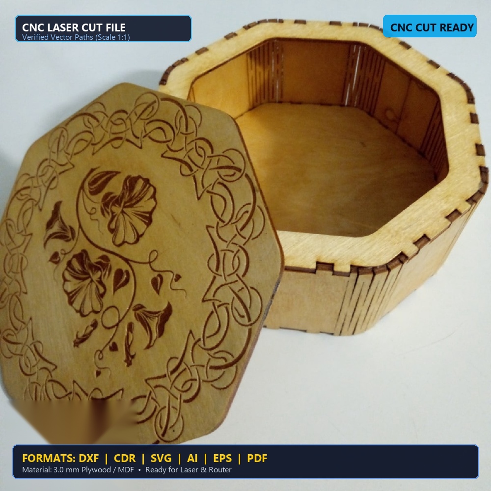 Laser Cut Octagonal Wooden Keepsake Box - DXF, CDR, SVG