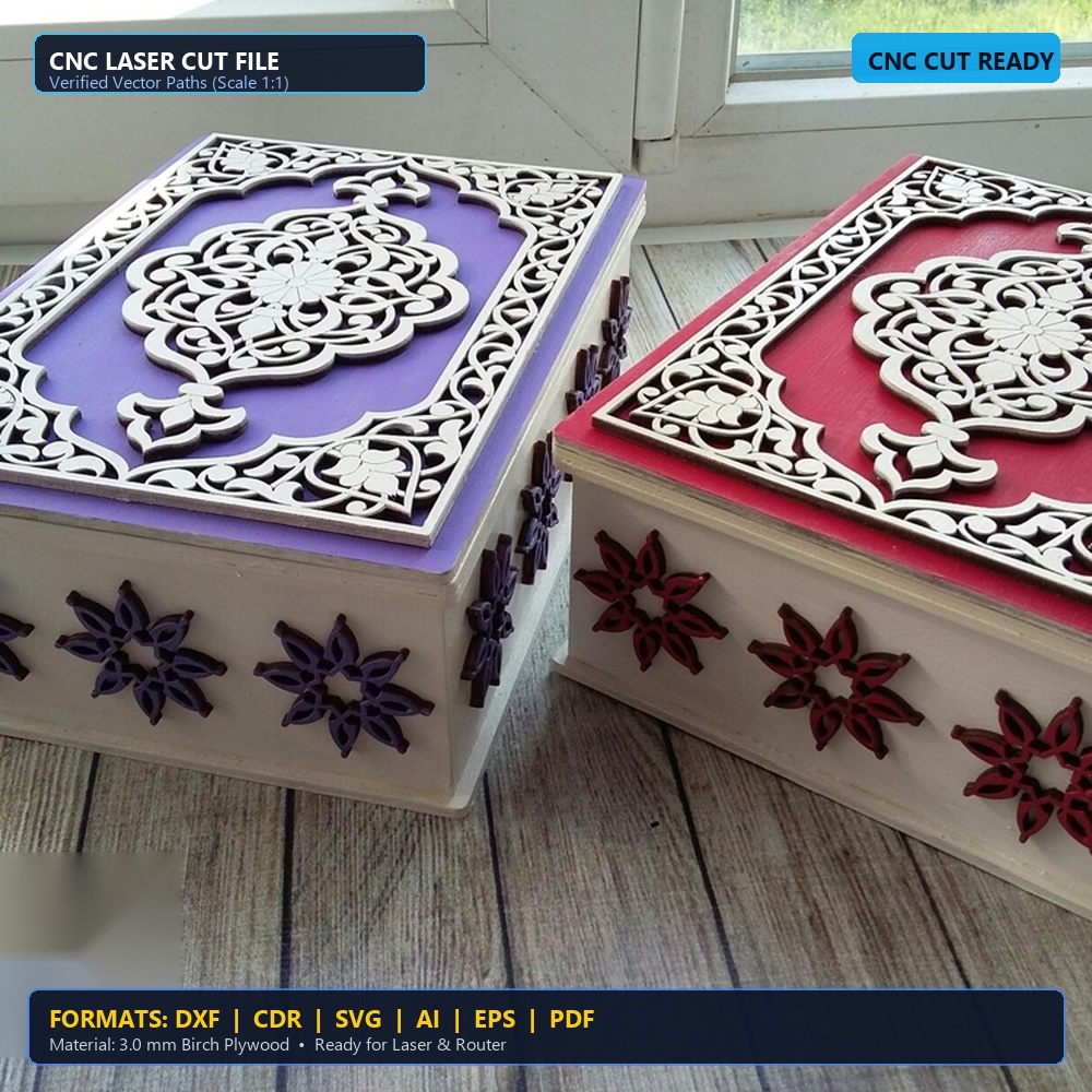 Laser Cut Ornate Mandala Plywood Gift Box 3mm - DXF, CDR, SVG