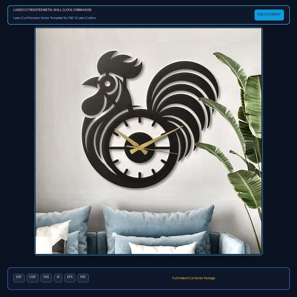 Laser Cut Rooster Metal Wall Clock, Farmhouse Wall Decor