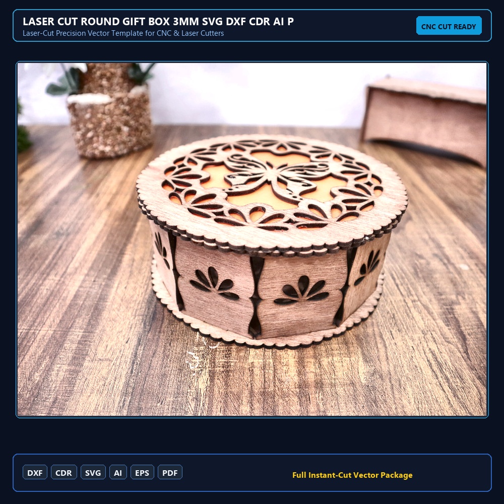 Laser Cut Round Gift Box 3mm SVG DXF CDR AI PDF Free Download