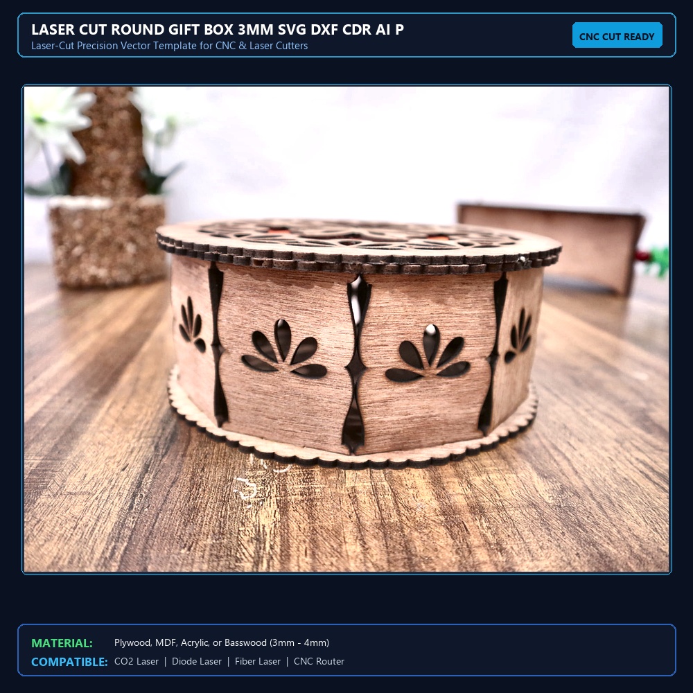 Laser Cut Round Gift Box 3mm SVG DXF CDR AI PDF Free Download View 2