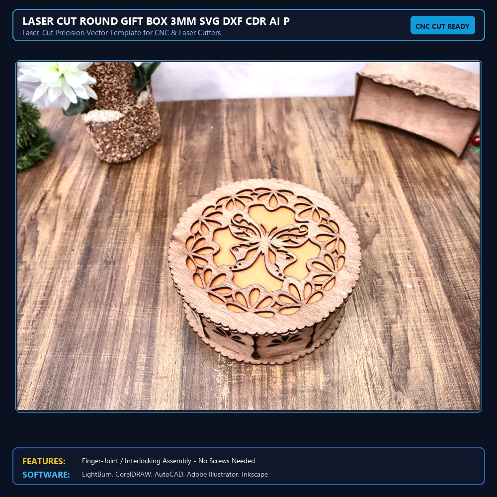 Laser Cut Round Gift Box 3mm SVG DXF CDR AI PDF Free Download View 3