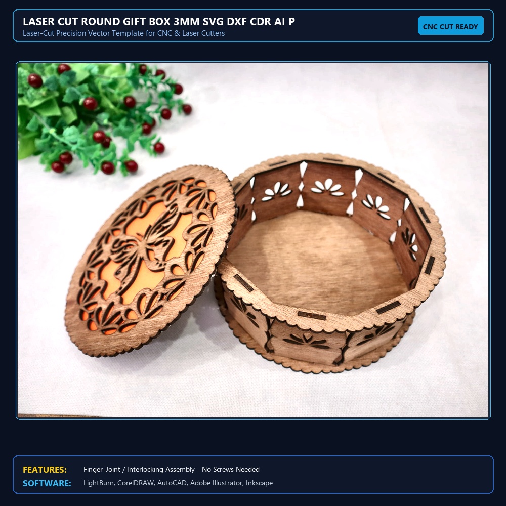 Laser Cut Round Gift Box 3mm SVG DXF CDR AI PDF Free Download View 4