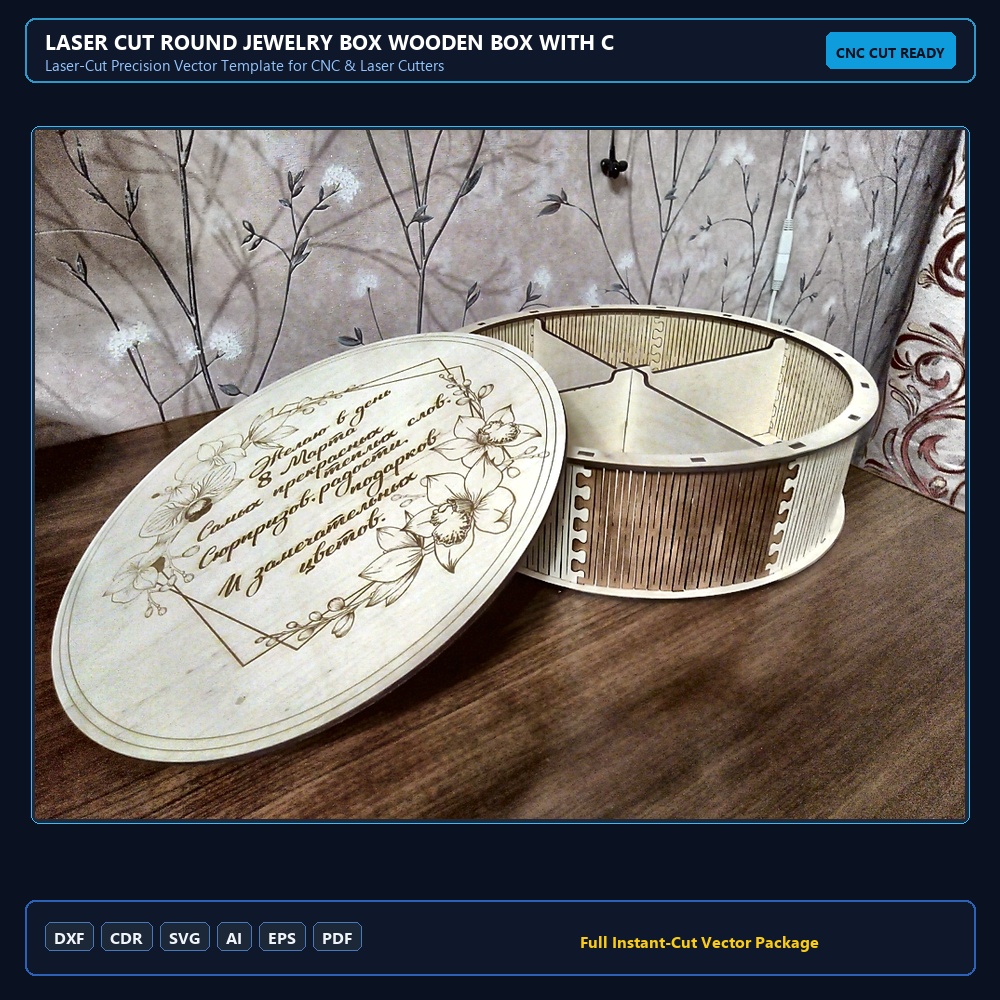 Laser Cut Round Jewelry Box Wooden Box With Compartments DWG File Free Download