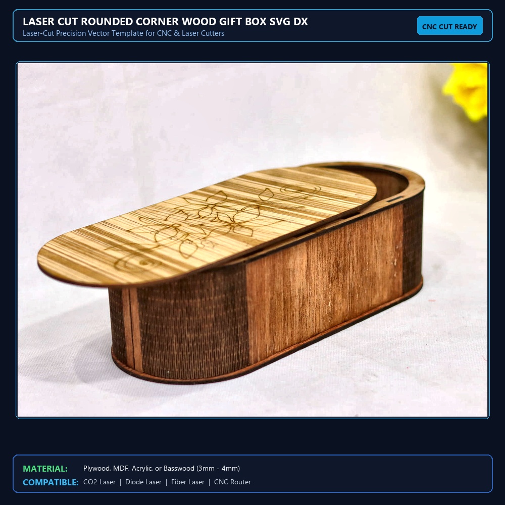 Laser Cut Rounded Corner Wood Gift Box SVG DXF CDR AI PDF Free Download View 2