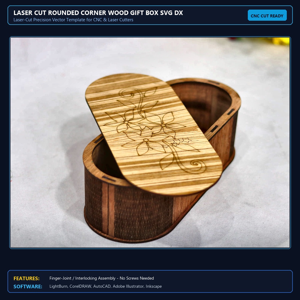 Laser Cut Rounded Corner Wood Gift Box SVG DXF CDR AI PDF Free Download View 3
