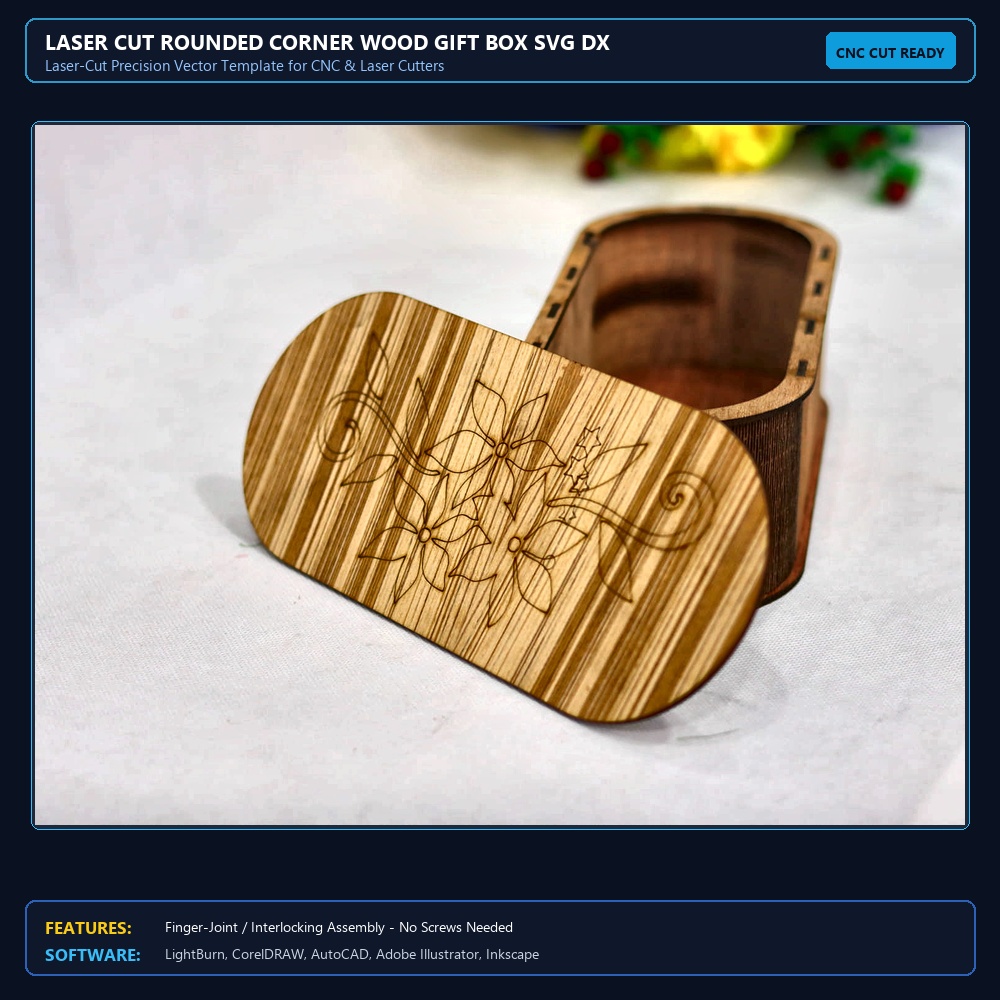 Laser Cut Rounded Corner Wood Gift Box SVG DXF CDR AI PDF Free Download View 4