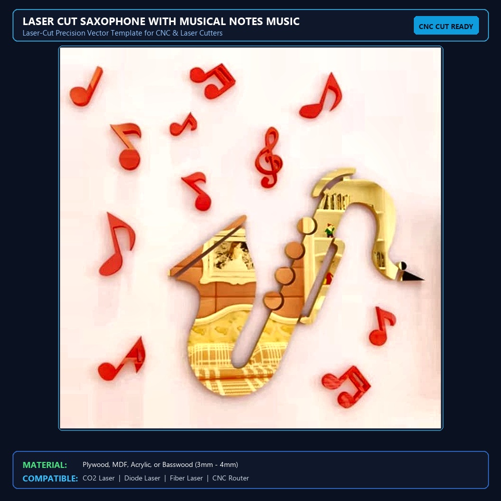 Laser Cut Saxophone With Musical Notes Music Classroom 3D Wall Decor View 2