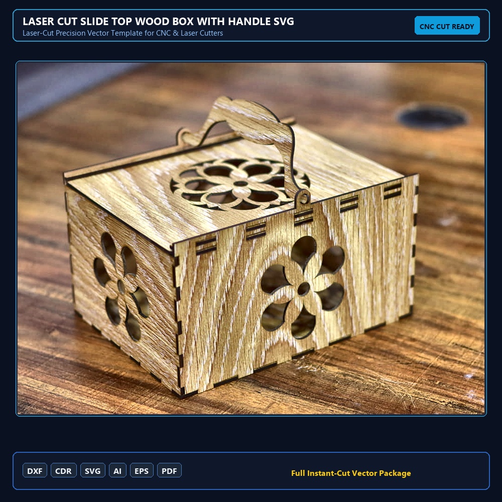 Laser Cut Slide Top Wood Box With Handle