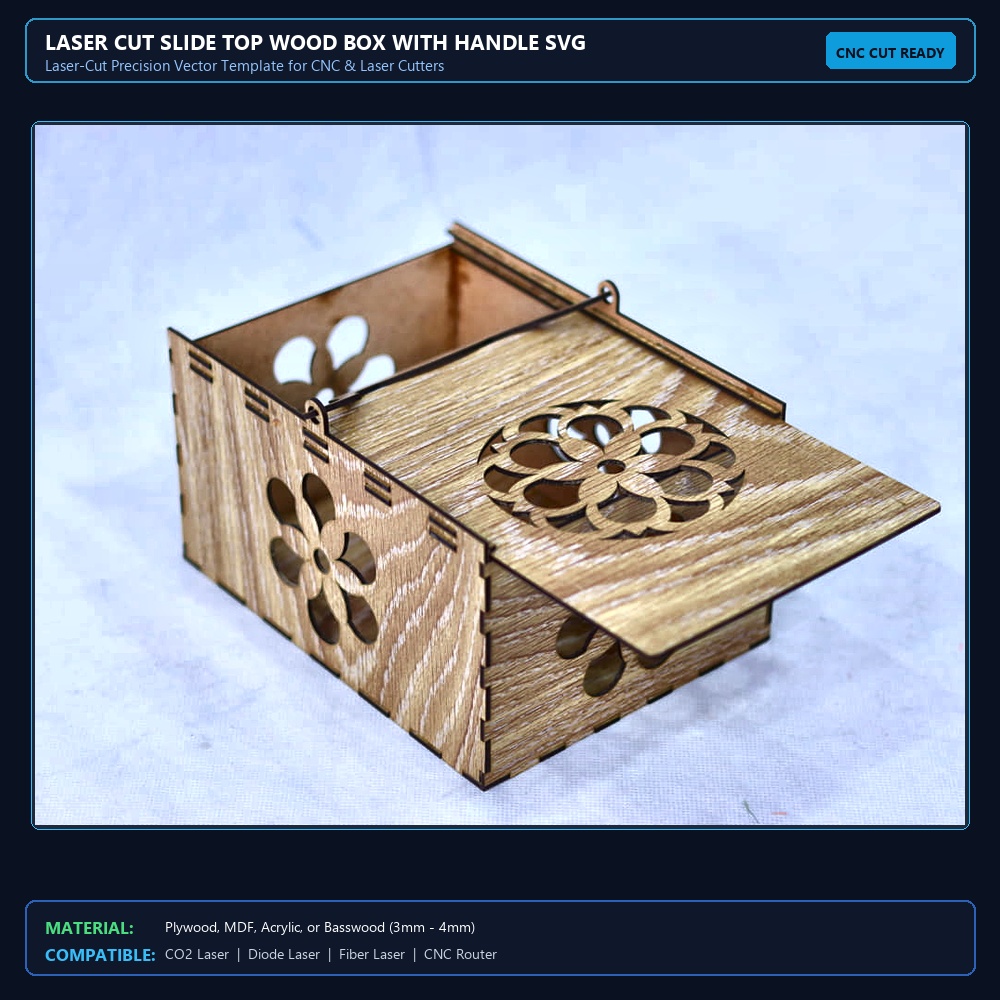 Laser Cut Slide Top Wood Box With Handle SVG DXF CDR AI PDF Free Download View 2