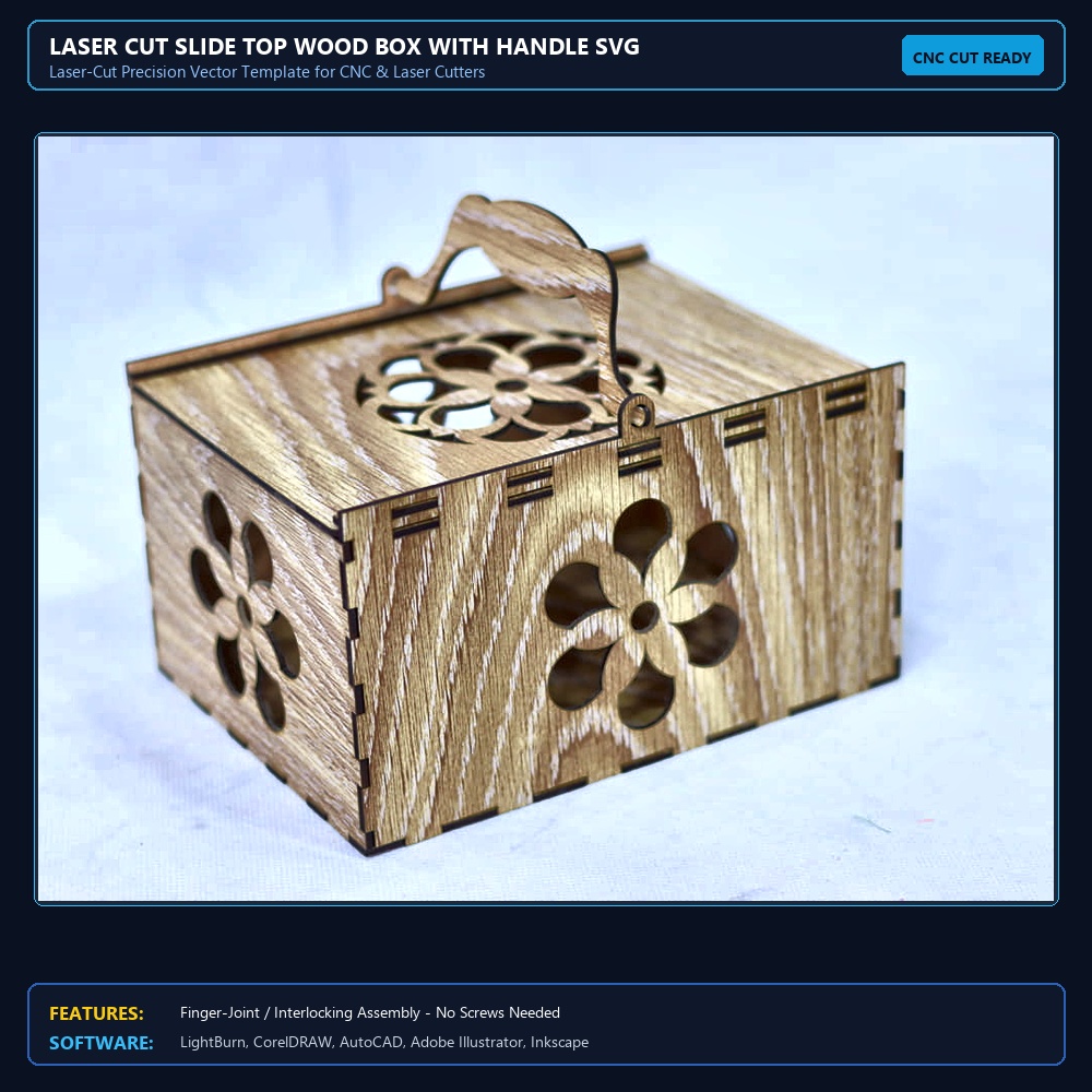 Laser Cut Slide Top Wood Box With Handle SVG DXF CDR AI PDF Free Download View 3