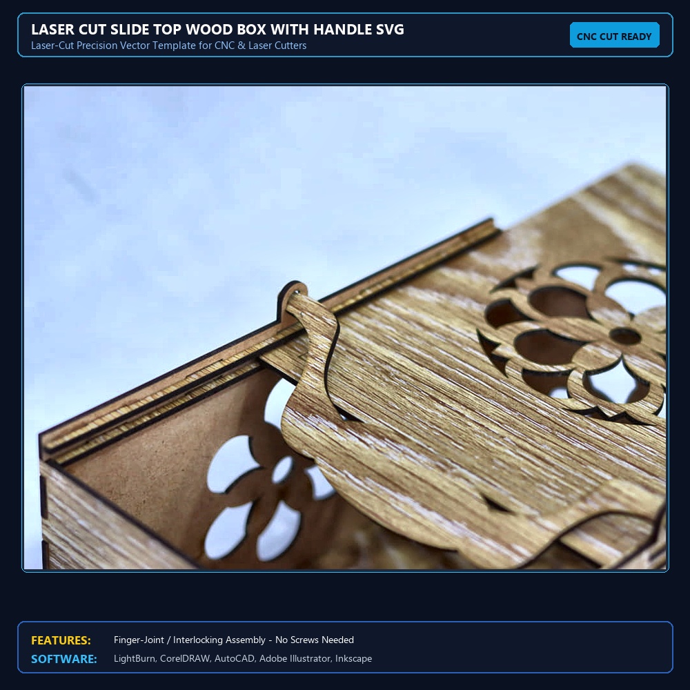 Laser Cut Slide Top Wood Box With Handle SVG DXF CDR AI PDF Free Download View 4