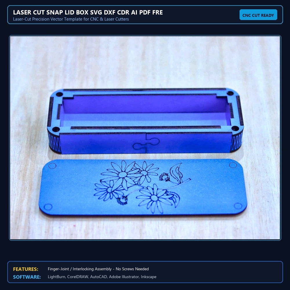 Laser Cut Snap Lid Box SVG DXF CDR AI PDF Free Download View 3
