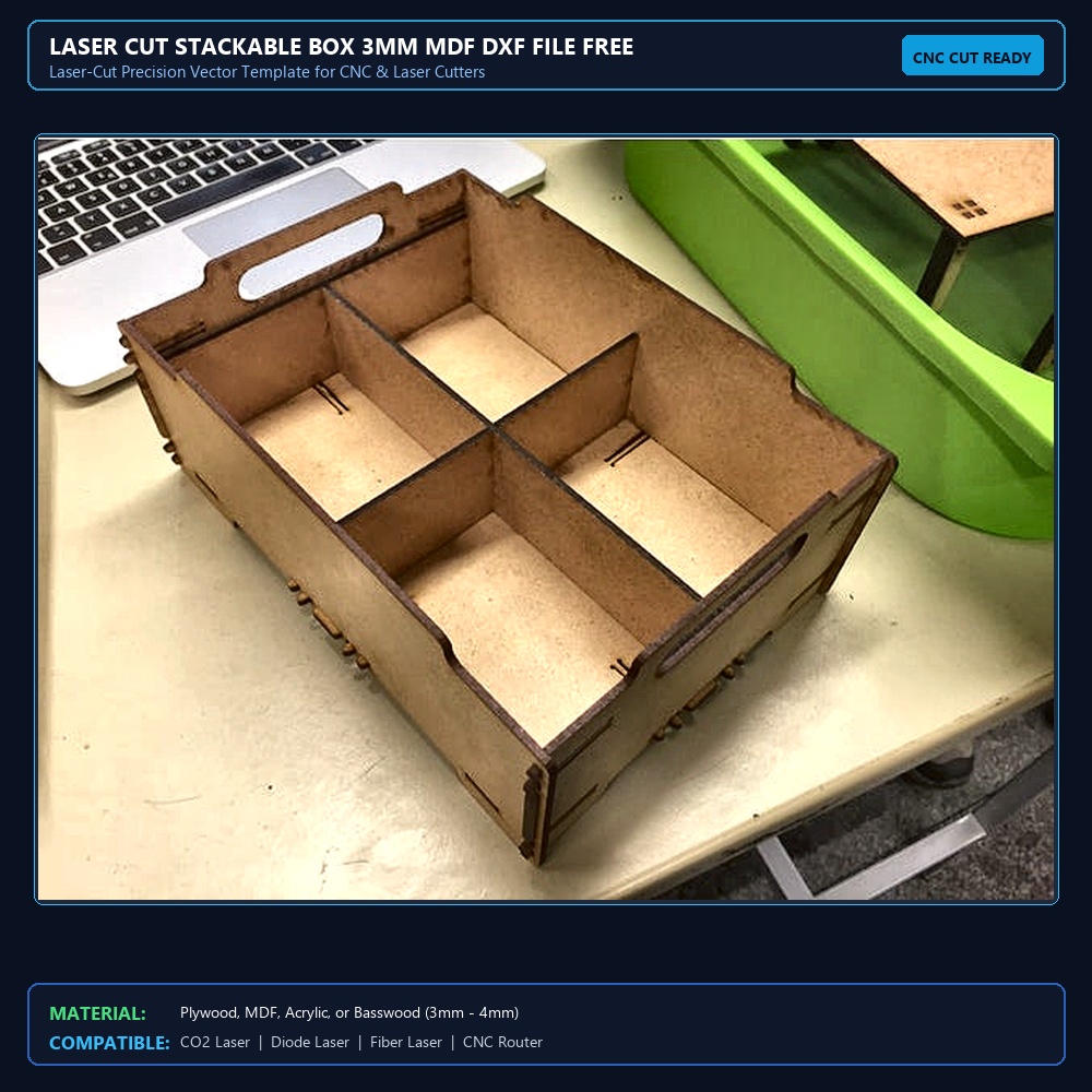 Laser Cut Stackable Box 3mm MDF DXF File Free Download View 2