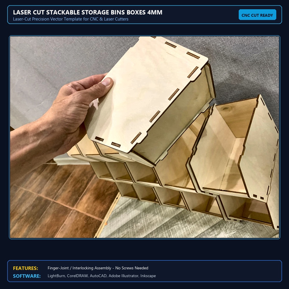 Laser Cut Stackable Storage Bins Boxes 4mm View 3