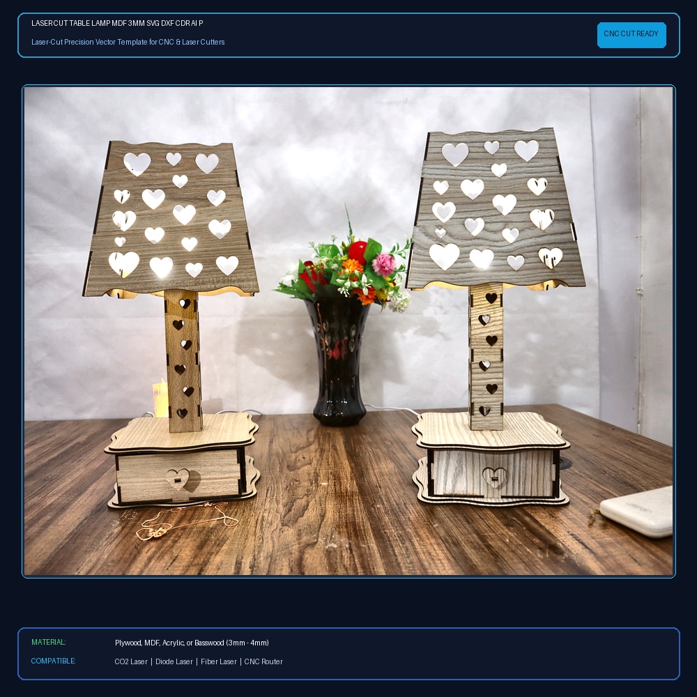 Laser Cut Table Lamp MDF 3mm SVG DXF CDR AI PDF Free Download View 2