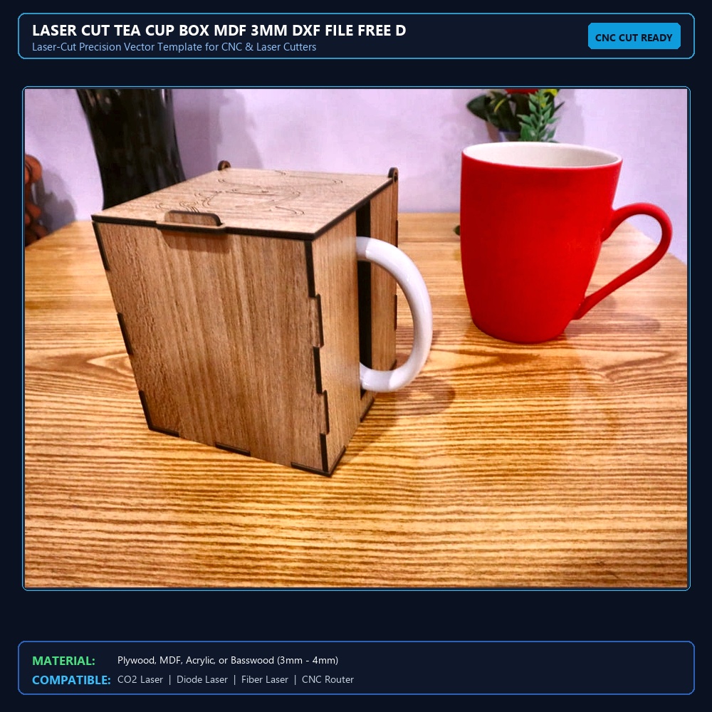 Laser Cut Tea Cup Box MDF 3mm DXF File Free Download View 2
