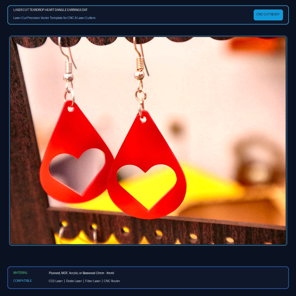 Laser Cut Teardrop Heart Dangle Earrings DXF File Free Download View 2