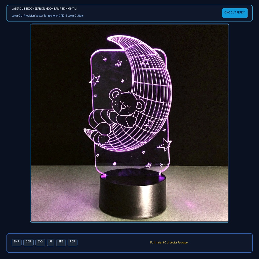 Laser Cut Teddy Bear On Moon Lamp 3D Night Light Illusion LED Lamp