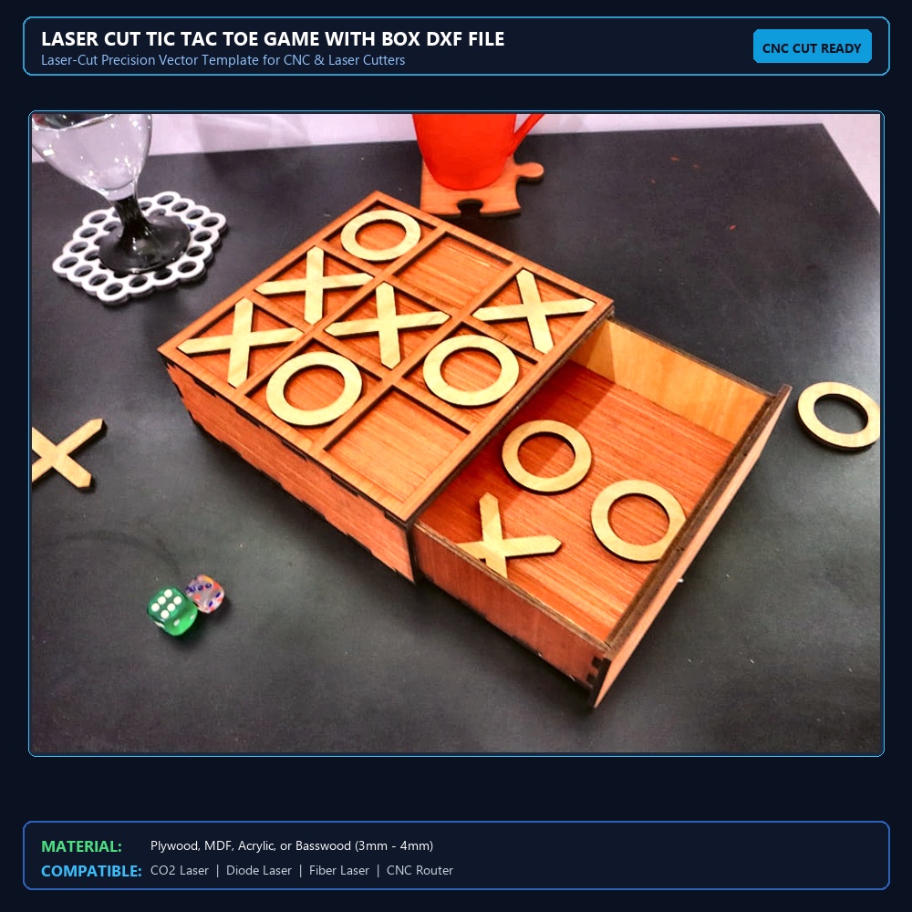 Laser Cut Tic Tac Toe Game With Box DXF File Free Download View 2