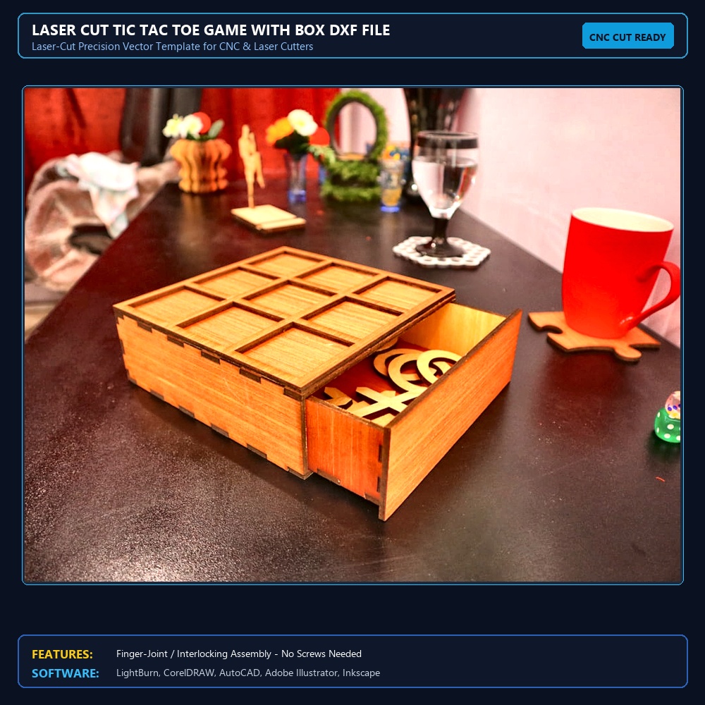 Laser Cut Tic Tac Toe Game With Box DXF File Free Download View 3