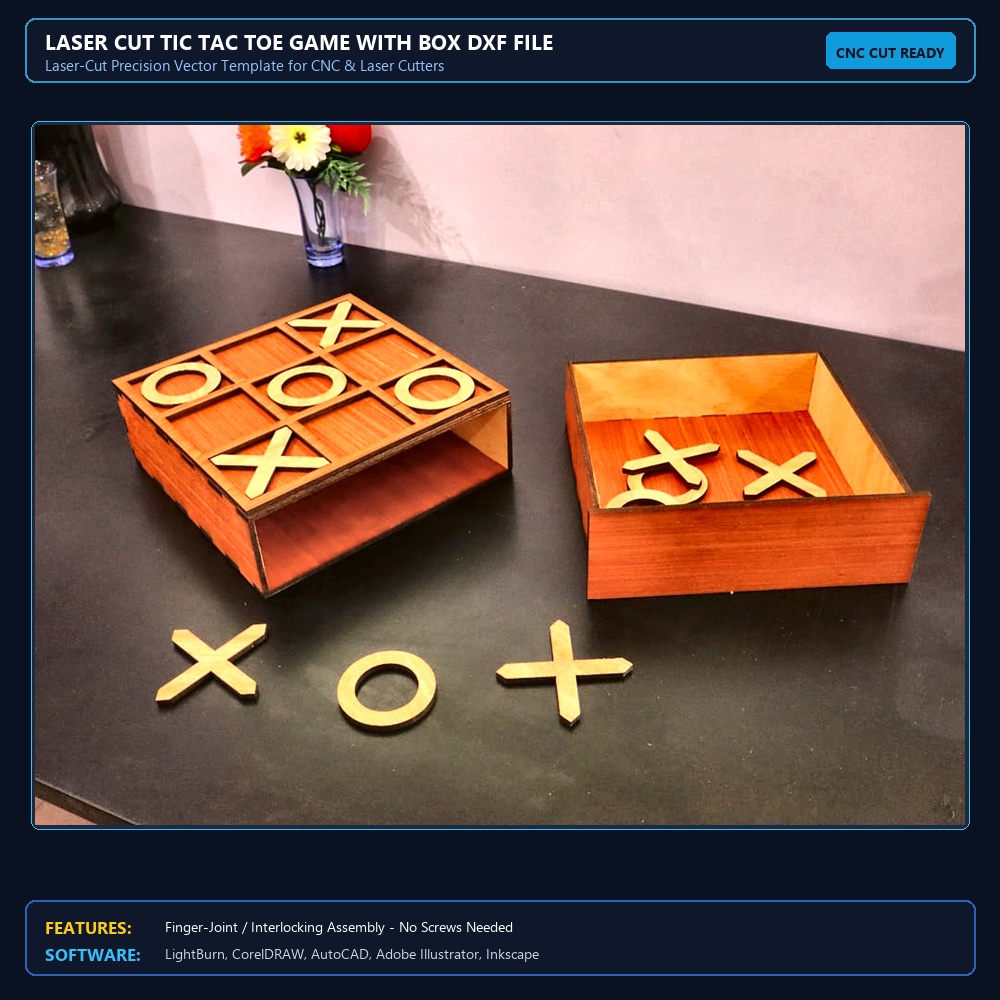 Laser Cut Tic Tac Toe Game With Box DXF File Free Download View 4