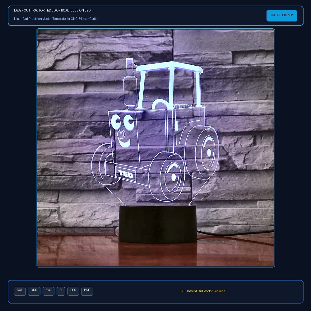 Laser Cut Tractor Ted 3D Optical Illusion LED Lamp Hologram