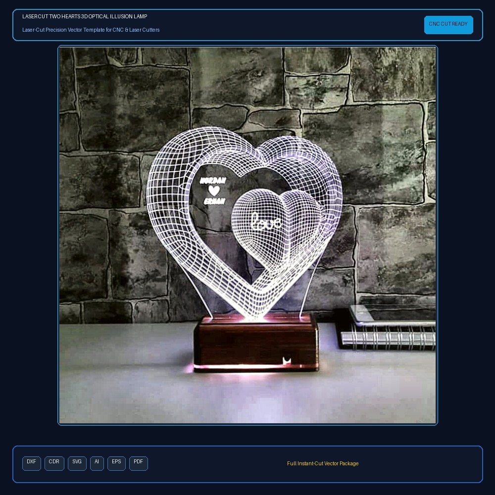 Laser Cut Two Hearts 3d Optical Illusion Lamp Led Night Light Illustration (.ai) vector file