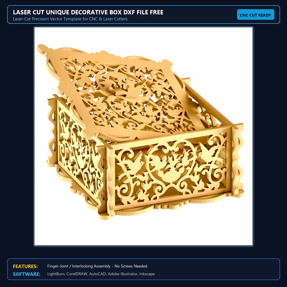 Laser Cut Unique Decorative Box DXF File Free Download View 3