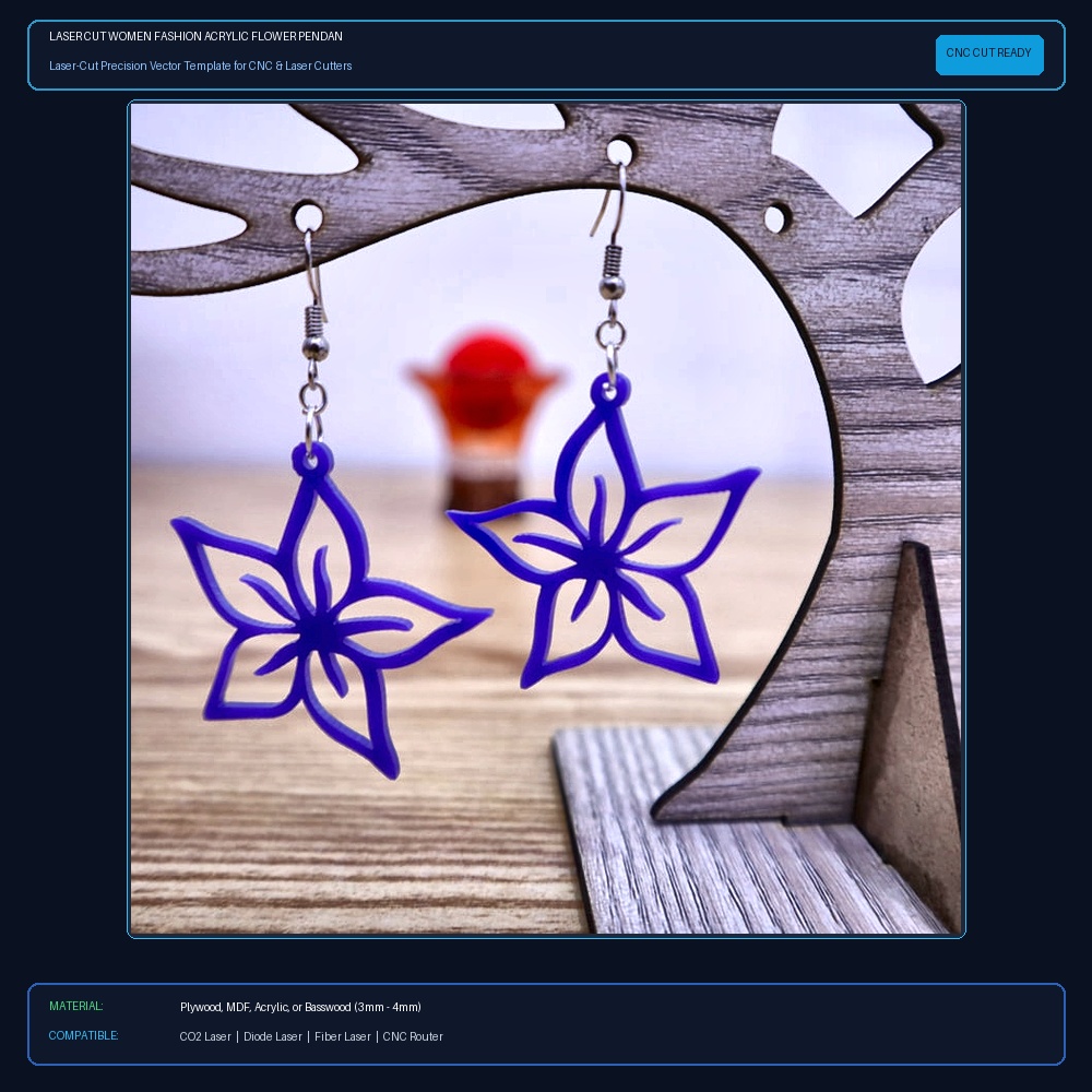 Laser Cut Women Fashion Acrylic Flower Pendant Earrings DXF File Free Download View 2
