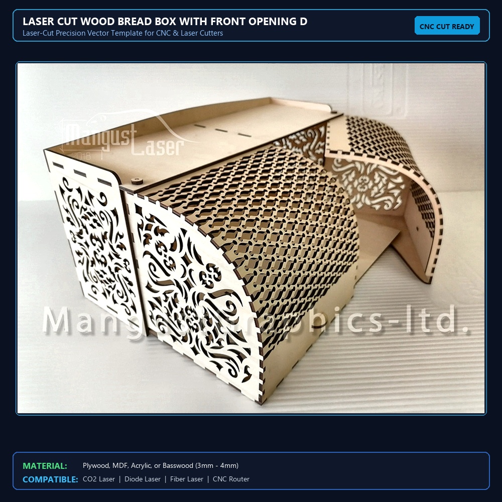 Laser Cut Wood Bread Box With Front Opening Doors View 2