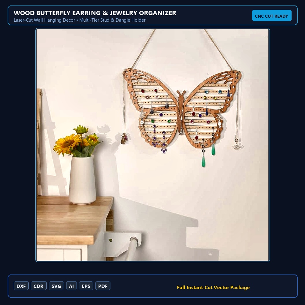 Laser Cut Wood Butterfly Earring Holder - DXF, CDR, SVG