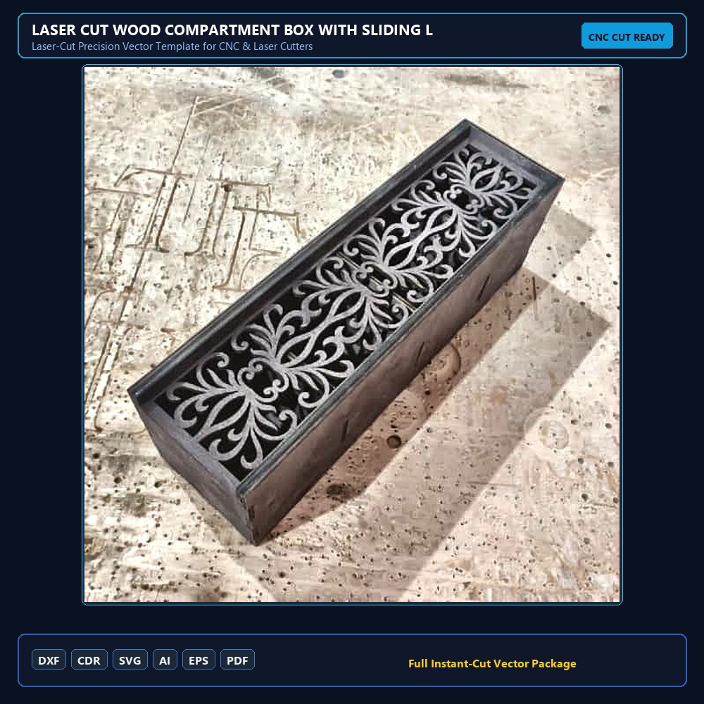 Laser Cut Wood Compartment Box With Sliding Lid