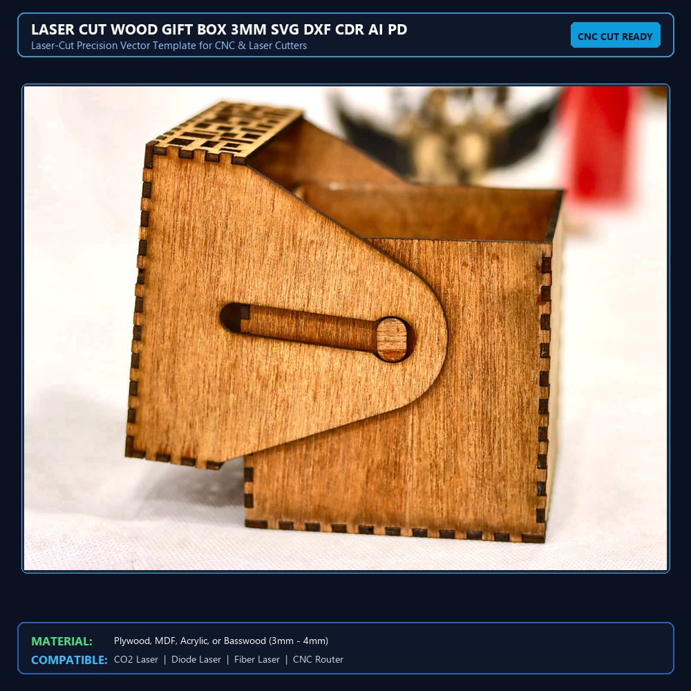 Laser Cut Wood Gift Box 3mm SVG DXF CDR AI PDF Free Download View 2