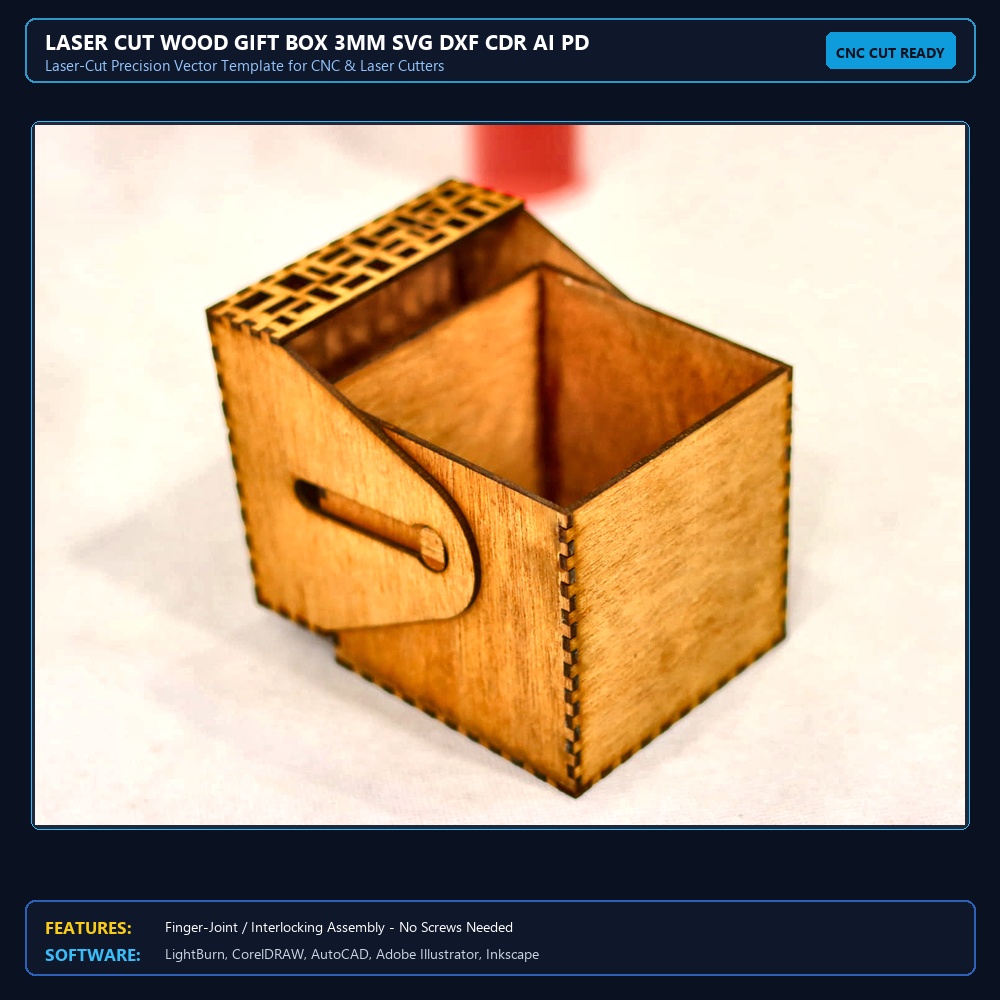 Laser Cut Wood Gift Box 3mm SVG DXF CDR AI PDF Free Download View 3