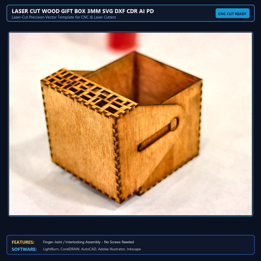 Laser Cut Wood Gift Box 3mm SVG DXF CDR AI PDF Free Download View 4
