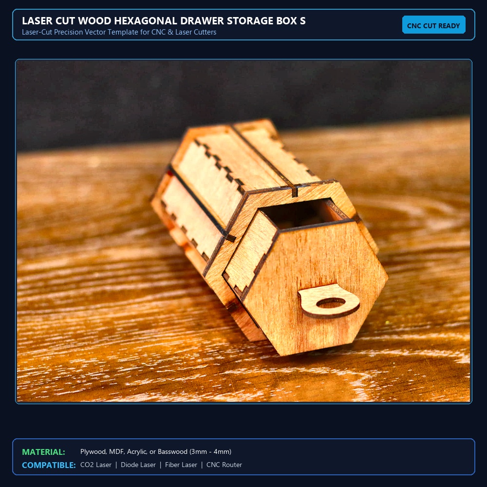 Laser Cut Wood Hexagonal Drawer Storage Box SVG DXF CDR AI PDF Free Download View 2