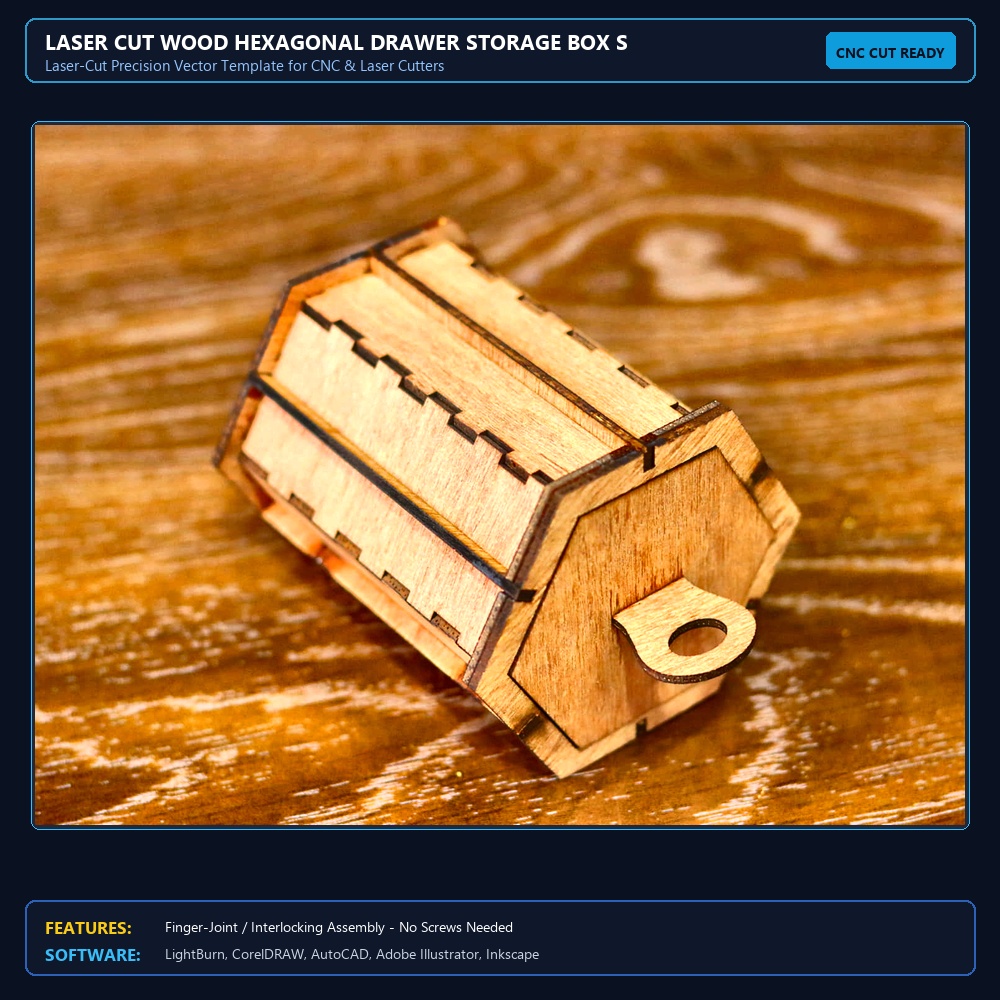 Laser Cut Wood Hexagonal Drawer Storage Box SVG DXF CDR AI PDF Free Download View 3