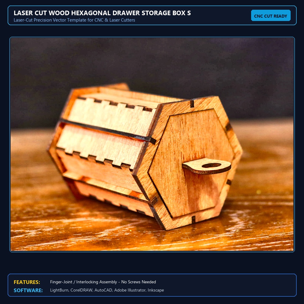Laser Cut Wood Hexagonal Drawer Storage Box SVG DXF CDR AI PDF Free Download View 4